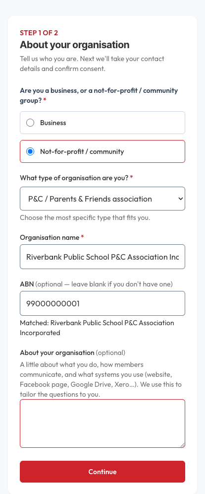 Step 1 of registration with the ABN matched against the business register