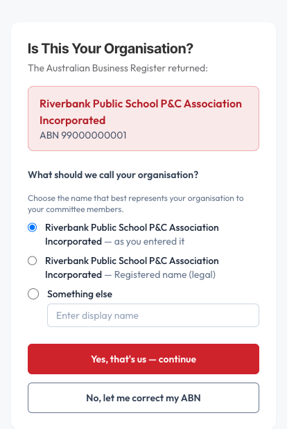 The is-this-your-organisation confirmation screen
