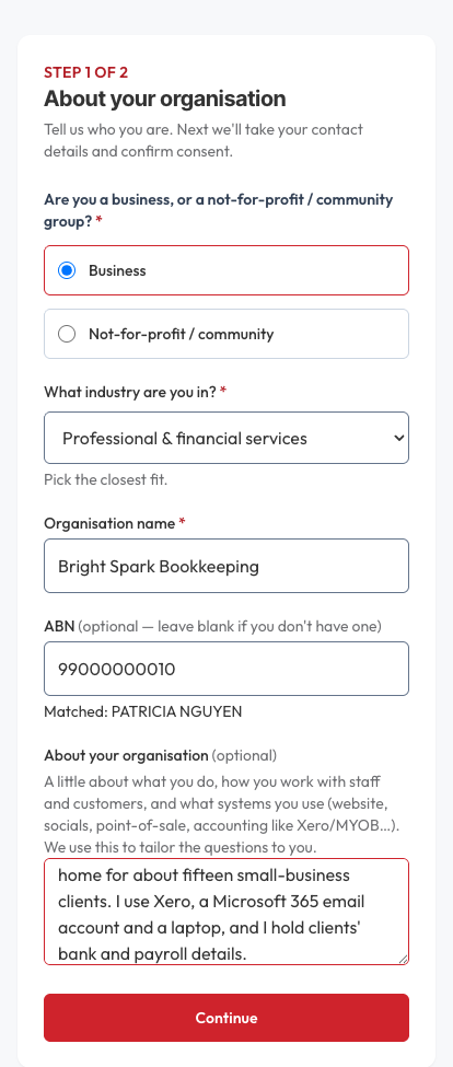 Registering as a business — the industry picker and a matched ABN